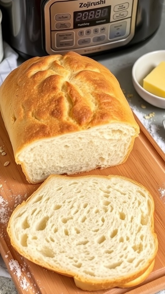 Zojirushi Bread Machine Recipe Collection Freshly baked bread from a Zojirushi bread machine, sliced on a wooden board with scattered ingredients.